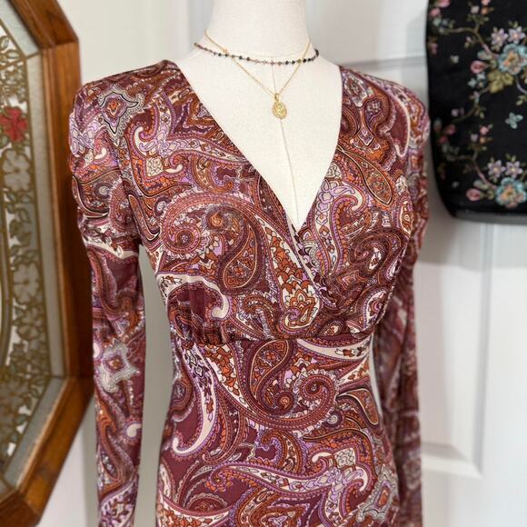 INC International Concepts Orange & Purple Paisley Mesh Long Sleeve Whimsy Top - Picture 2 of 7